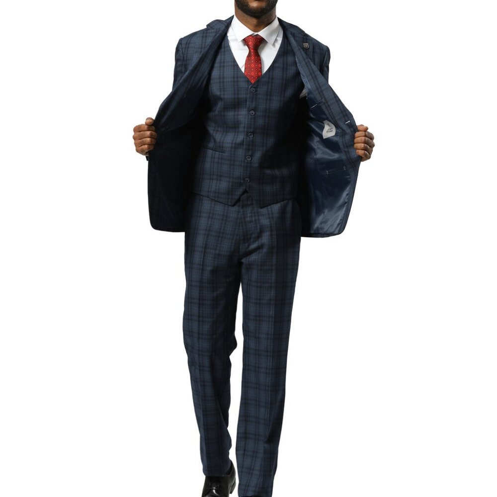 Navy Glen Plaid 3 Piece Notch Lapel Stacy Adams Suit